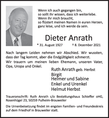 Anzeige von Dieter Anrath von  Wochenende 