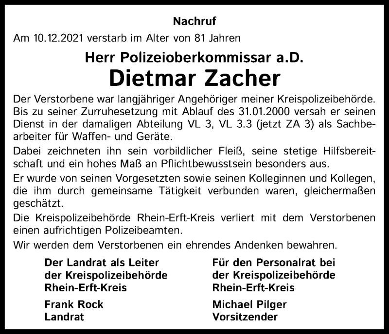  Traueranzeige für Dietmar Zacher vom 29.12.2021 aus Kölner Stadt-Anzeiger / Kölnische Rundschau / Express