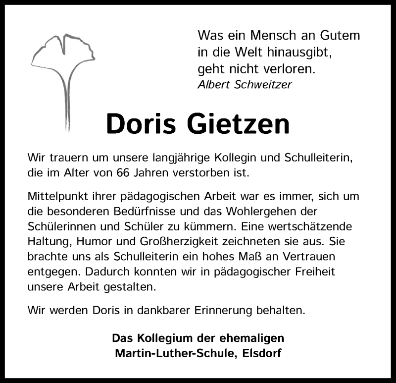  Traueranzeige für Doris Gietzen vom 04.12.2021 aus Kölner Stadt-Anzeiger / Kölnische Rundschau / Express