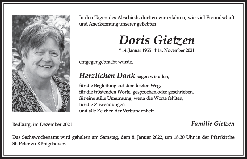  Traueranzeige für Doris Gietzen vom 10.12.2021 aus  Werbepost 