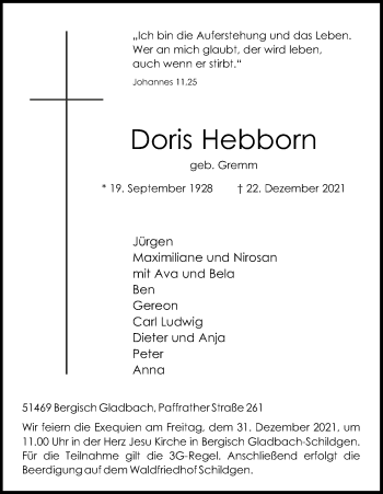 Anzeige von Doris Hebborn von Kölner Stadt-Anzeiger / Kölnische Rundschau / Express