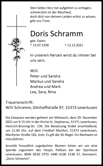 Anzeige von Doris Schramm von Kölner Stadt-Anzeiger / Kölnische Rundschau / Express