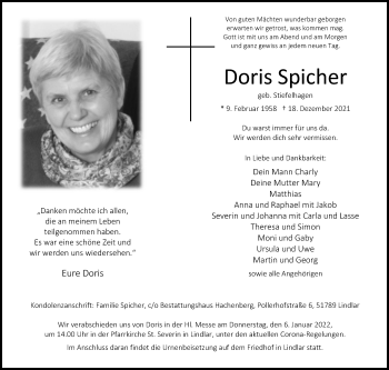Anzeige von Doris Spicher von Kölner Stadt-Anzeiger / Kölnische Rundschau / Express