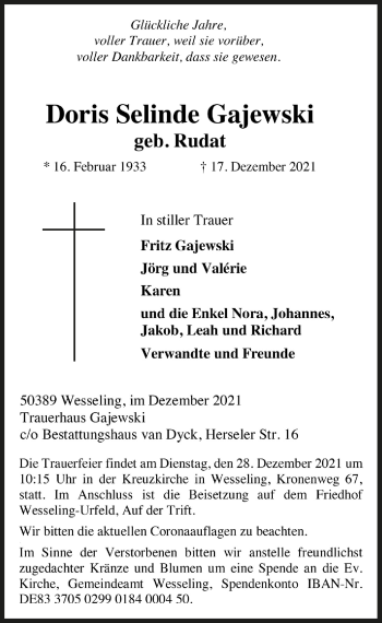 Anzeige von Doris Selinde Gajewski von  Schlossbote/Werbekurier 
