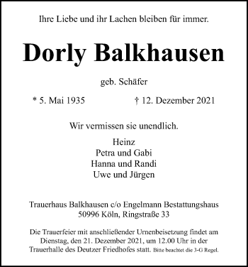 Anzeige von Dorly Balkhausen von Kölner Stadt-Anzeiger / Kölnische Rundschau / Express