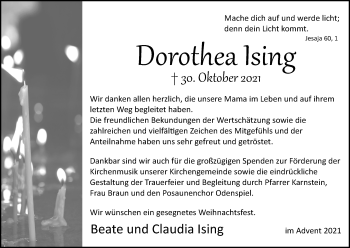 Anzeige von Dorothea lsing von Kölner Stadt-Anzeiger / Kölnische Rundschau / Express