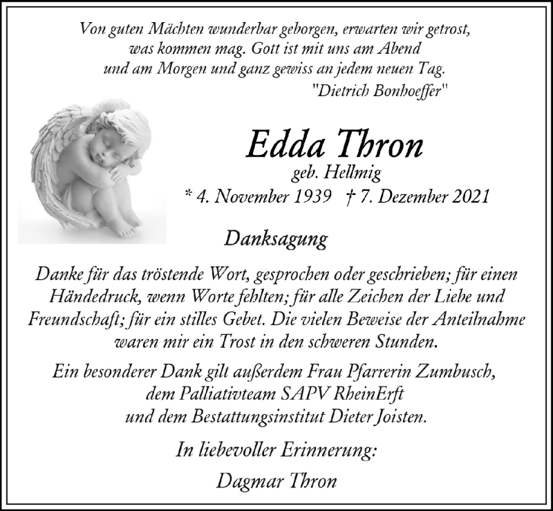  Traueranzeige für Edda Thron vom 01.01.2022 aus  Blickpunkt Euskirchen 