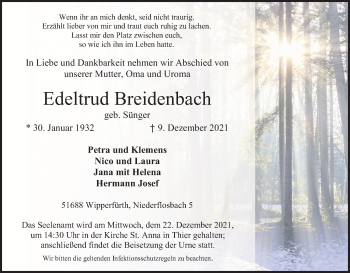 Anzeige von Edeltrud Breidenbach von Kölner Stadt-Anzeiger / Kölnische Rundschau / Express