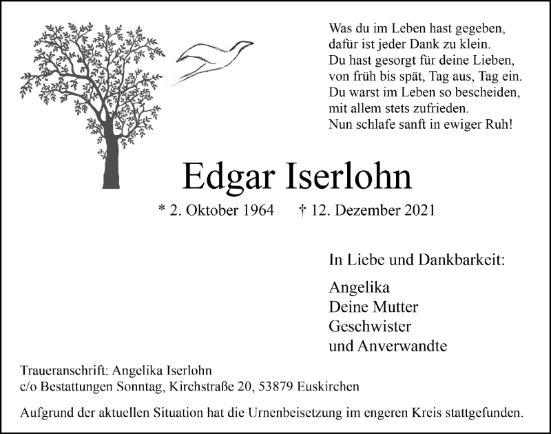  Traueranzeige für Edgar Iserlohn vom 01.01.2022 aus  Blickpunkt Euskirchen 