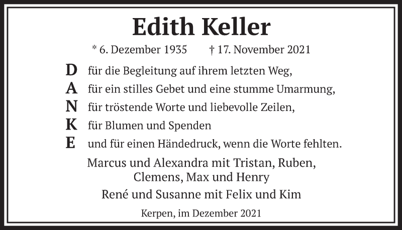  Traueranzeige für Edith Keller vom 27.12.2021 aus  Werbepost 