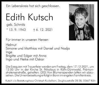 Anzeige von Edith Kutsch von Kölner Stadt-Anzeiger / Kölnische Rundschau / Express