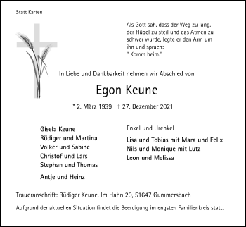 Anzeige von Egon Keune von Kölner Stadt-Anzeiger / Kölnische Rundschau / Express