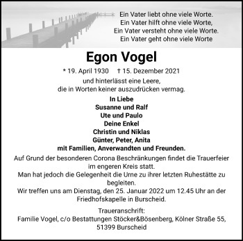 Anzeige von Egon Vogel von Kölner Stadt-Anzeiger / Kölnische Rundschau / Express