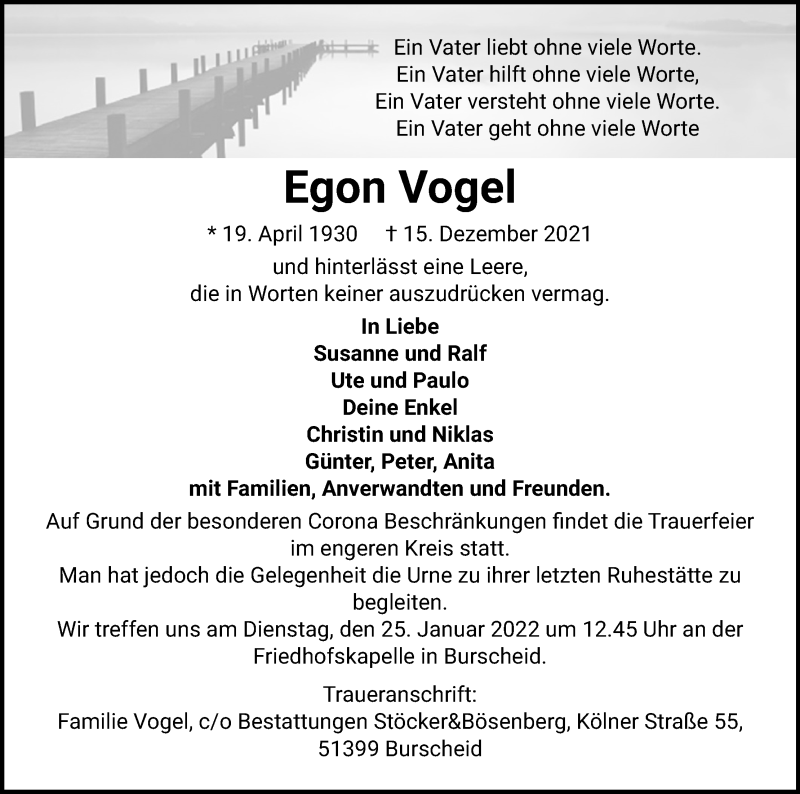  Traueranzeige für Egon Vogel vom 31.12.2021 aus Kölner Stadt-Anzeiger / Kölnische Rundschau / Express