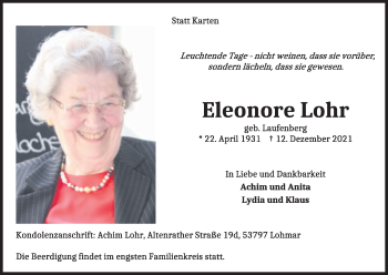 Anzeige von Eleonore Lohr von Kölner Stadt-Anzeiger / Kölnische Rundschau / Express