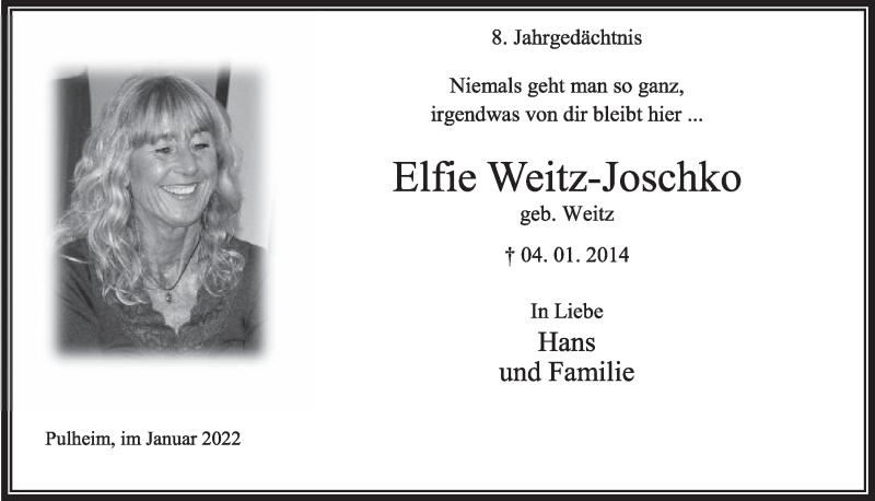  Traueranzeige für Elfie Weitz-Joschko vom 01.01.2022 aus  Wochenende 