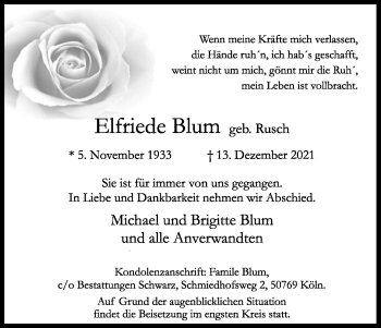 Anzeige von Elfriede Blum von Kölner Stadt-Anzeiger / Kölnische Rundschau / Express