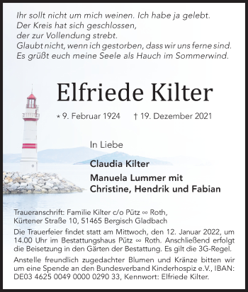 Anzeige von Elfriede Kilter von Kölner Stadt-Anzeiger / Kölnische Rundschau / Express
