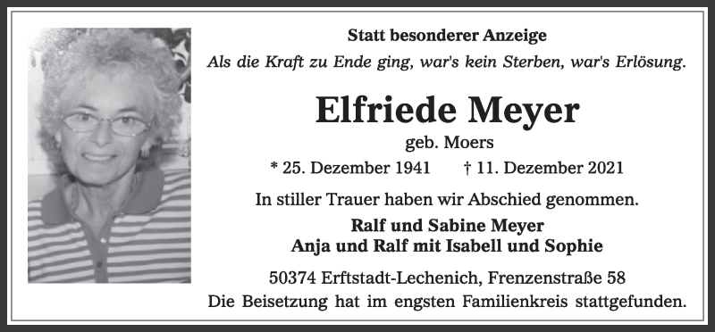  Traueranzeige für Elfriede Meyer vom 27.12.2021 aus  Werbepost 
