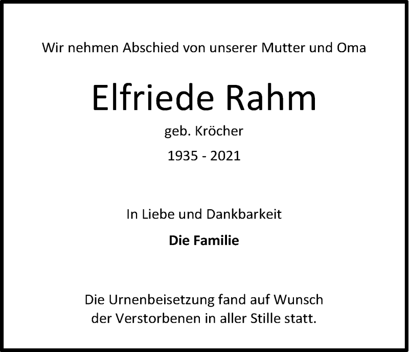  Traueranzeige für Elfriede Rahm vom 31.12.2021 aus Kölner Stadt-Anzeiger / Kölnische Rundschau / Express