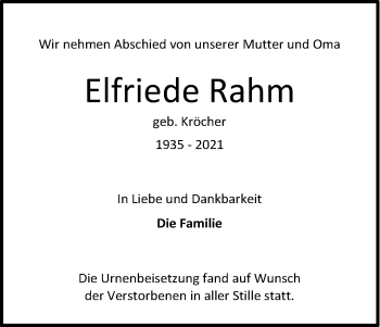 Anzeige von Elfriede Rahm von Kölner Stadt-Anzeiger / Kölnische Rundschau / Express