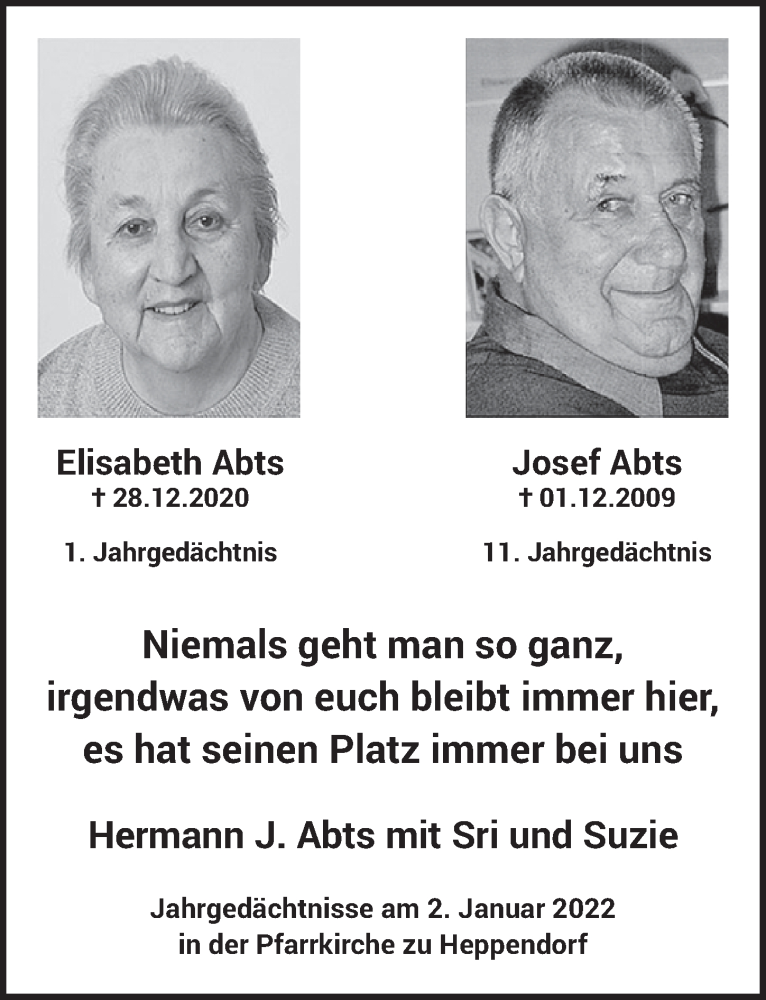  Traueranzeige für Elisabeth Abts vom 27.12.2021 aus  Werbepost 