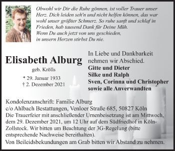 Anzeige von Elisabeth Alburg von Kölner Stadt-Anzeiger / Kölnische Rundschau / Express