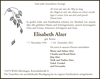 Anzeige von Elisabeth Alzer von  Anzeigen Echo 