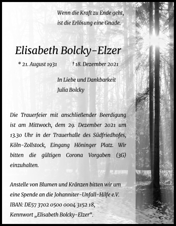 Anzeige von Elisabeth Bolcky-Elzer von Kölner Stadt-Anzeiger / Kölnische Rundschau / Express