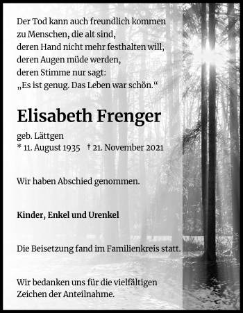 Anzeige von Elisabeth Frenger von Kölner Stadt-Anzeiger / Kölnische Rundschau / Express