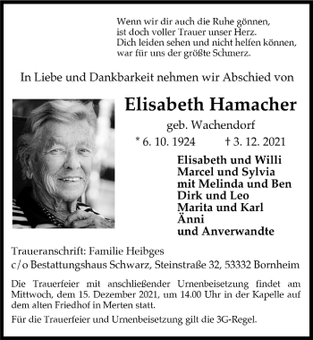 Anzeige von Elisabeth Hamacher von  Schlossbote/Werbekurier 