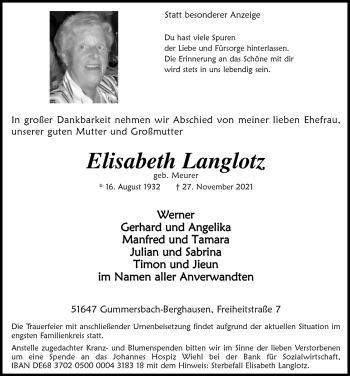 Anzeige von Elisabeth Langlotz von  Anzeigen Echo 