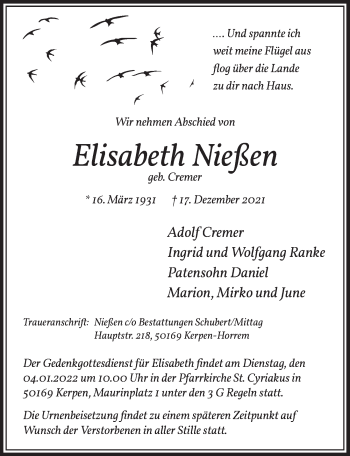 Anzeige von Elisabeth Nießen von  Werbepost 
