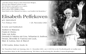 Anzeige von Elisabeth Peffekoven von Kölner Stadt-Anzeiger / Kölnische Rundschau / Express