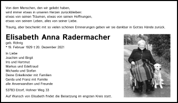 Anzeige von Elisabeth  Radermacher von Kölner Stadt-Anzeiger / Kölnische Rundschau / Express