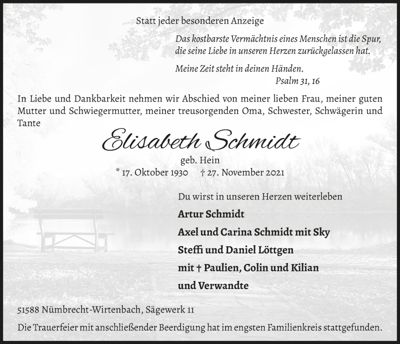  Traueranzeige für Elisabeth Schmidt vom 03.12.2021 aus  Lokalanzeiger 