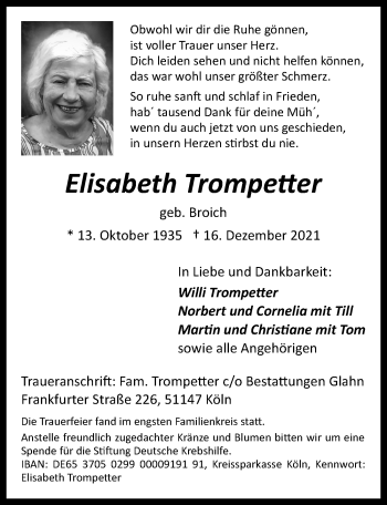 Anzeige von Elisabeth Trompetter von  Kölner Wochenspiegel 