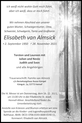 Anzeige von Elisabeth van Almsick von Kölner Stadt-Anzeiger / Kölnische Rundschau / Express