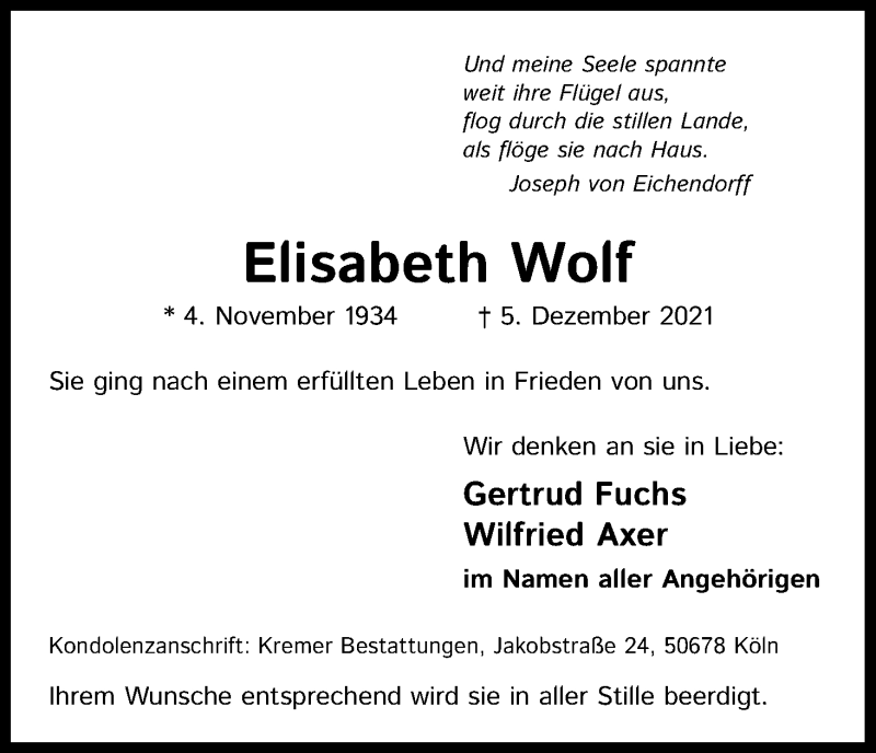  Traueranzeige für Elisabeth Wolf vom 11.12.2021 aus Kölner Stadt-Anzeiger / Kölnische Rundschau / Express