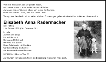 Anzeige von Elisabeth Anna Radermacher von  Lokalanzeiger 