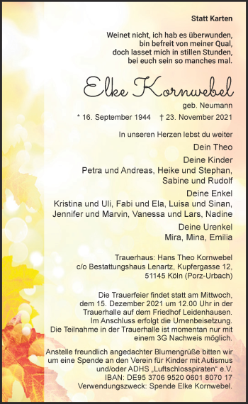 Anzeige von Elke Kornwebel von  Kölner Wochenspiegel 