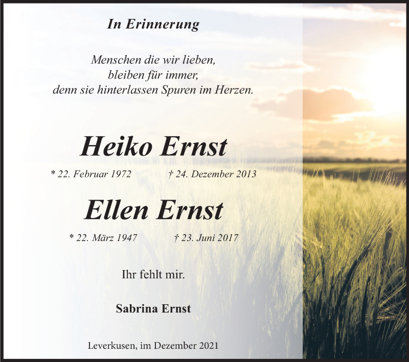  Traueranzeige für Ellen Ernst vom 24.12.2021 aus Kölner Stadt-Anzeiger / Kölnische Rundschau / Express