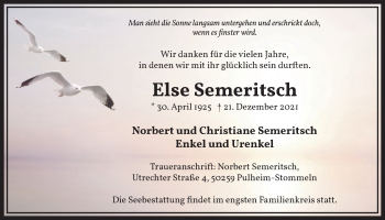 Anzeige von Else Semeritsch von  Wochenende 