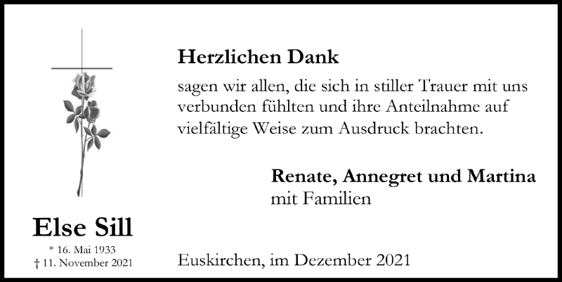  Traueranzeige für Else Sill vom 27.12.2021 aus  Blickpunkt Euskirchen 