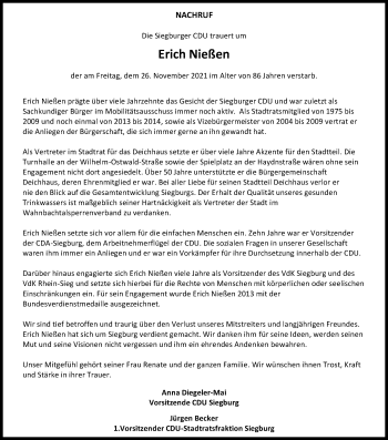 Anzeige von Erich Nießen von Kölner Stadt-Anzeiger / Kölnische Rundschau / Express