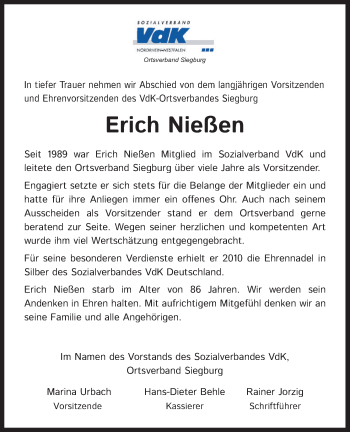 Anzeige von Erich Nießen von Kölner Stadt-Anzeiger / Kölnische Rundschau / Express