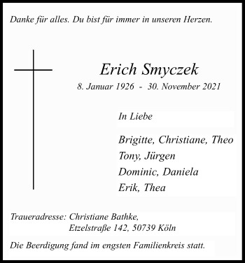 Anzeige von Erich Smyczek von Kölner Stadt-Anzeiger / Kölnische Rundschau / Express