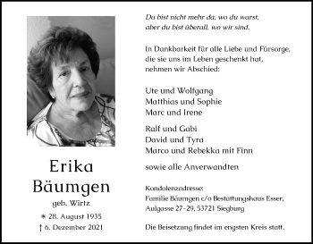 Anzeige von Erika Bäumgen von Kölner Stadt-Anzeiger / Kölnische Rundschau / Express