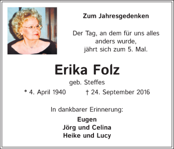 Anzeige von Erika Folz von Kölner Stadt-Anzeiger / Kölnische Rundschau / Express
