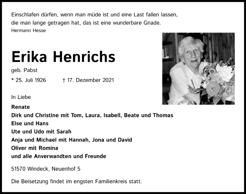  Traueranzeige für Erika Henrichs vom 01.01.2022 aus  Lokalanzeiger 